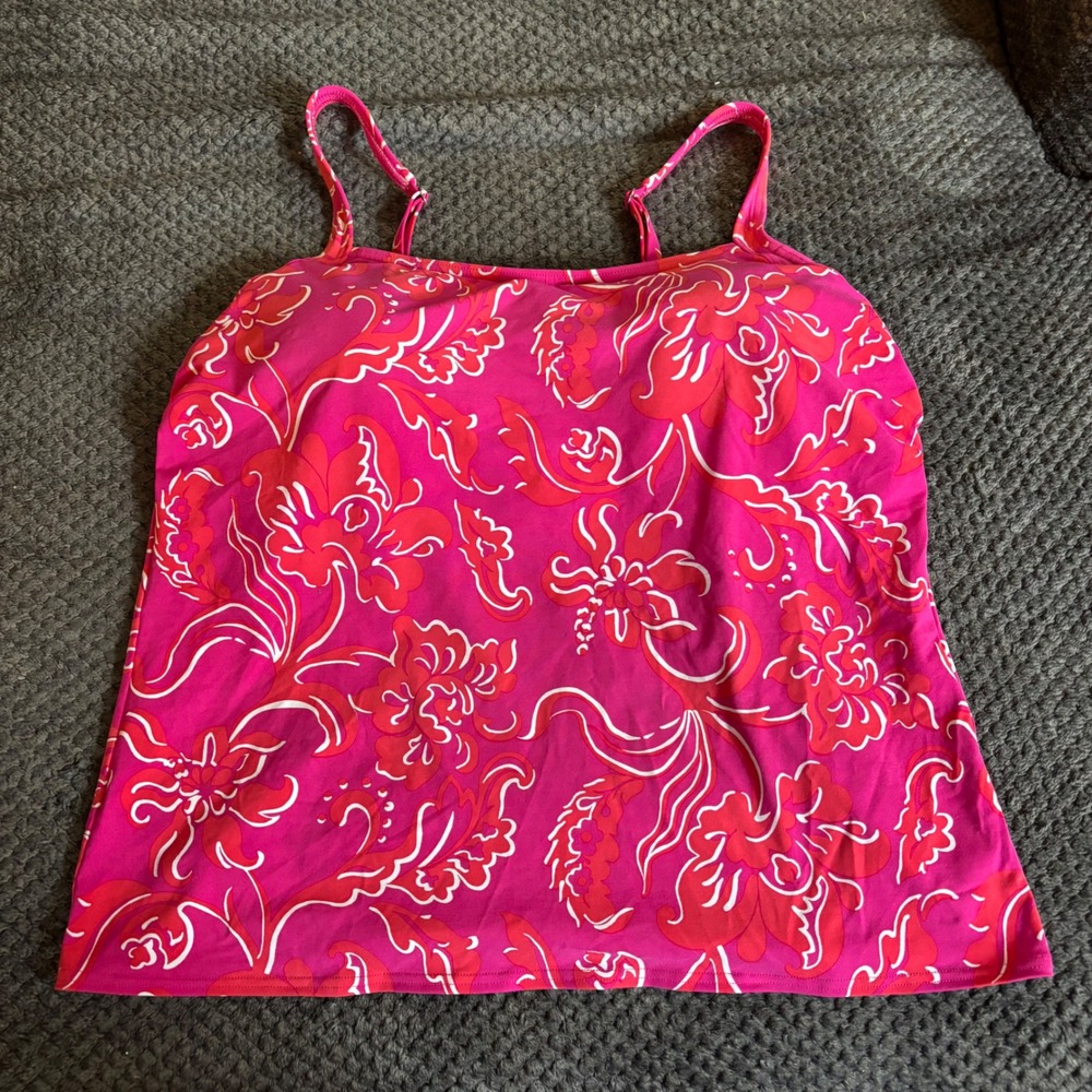 Lands End Pink Floral Tankini Top Adjustable Straps Size 16 Hibiscus Print
